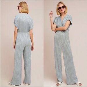 Anthropologie Porridge Silver Metallic Pleated Wide Leg Jumpsuit Size Small NYE